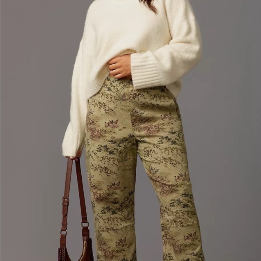 PILCRO Anthropology Green Woodland Print Izzie Barrel Leg Pants 2X